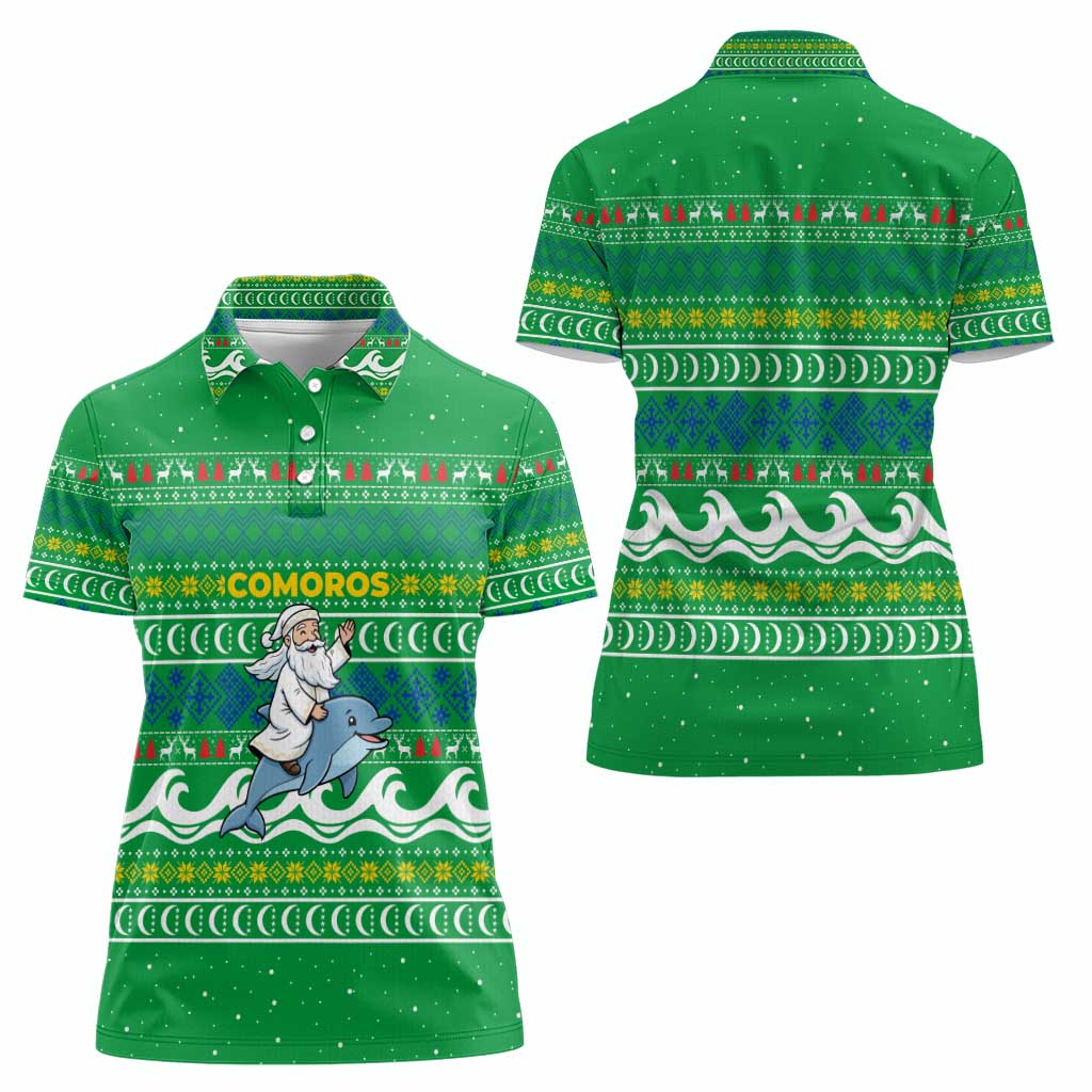 Comoros Christmas Women Polo Shirt with Santa Riding Dolphin Ocean Waves Crescent Moon and Tribal Pattern - Wonder Print Shop