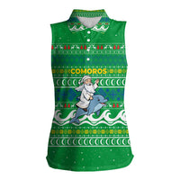Comoros Christmas Women Sleeveless Polo Shirt with Santa Riding Dolphin Ocean Waves Crescent Moon and Tribal Pattern - Wonder Print Shop