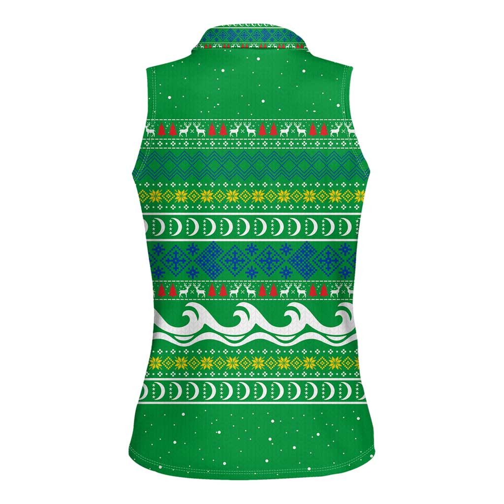 Comoros Christmas Women Sleeveless Polo Shirt with Santa Riding Dolphin Ocean Waves Crescent Moon and Tribal Pattern - Wonder Print Shop