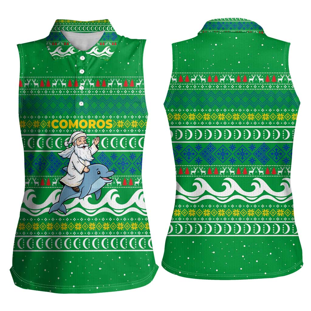 Comoros Christmas Women Sleeveless Polo Shirt with Santa Riding Dolphin Ocean Waves Crescent Moon and Tribal Pattern - Wonder Print Shop