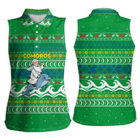 Comoros Christmas Women Sleeveless Polo Shirt with Santa Riding Dolphin Ocean Waves Crescent Moon and Tribal Pattern - Wonder Print Shop