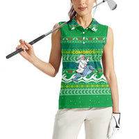 Comoros Christmas Women Sleeveless Polo Shirt with Santa Riding Dolphin Ocean Waves Crescent Moon and Tribal Pattern - Wonder Print Shop