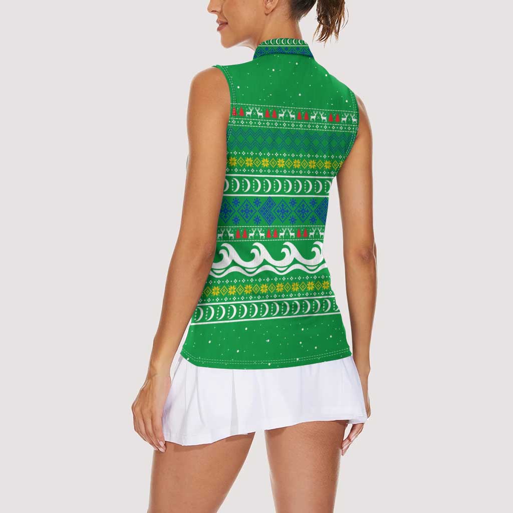 Comoros Christmas Women Sleeveless Polo Shirt with Santa Riding Dolphin Ocean Waves Crescent Moon and Tribal Pattern - Wonder Print Shop