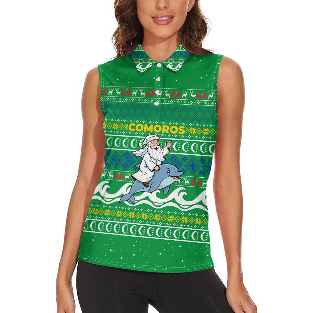 Comoros Christmas Women Sleeveless Polo Shirt with Santa Riding Dolphin Ocean Waves Crescent Moon and Tribal Pattern - Wonder Print Shop