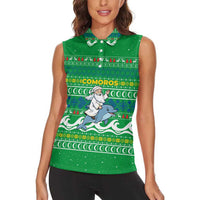 Comoros Christmas Women Sleeveless Polo Shirt with Santa Riding Dolphin Ocean Waves Crescent Moon and Tribal Pattern - Wonder Print Shop