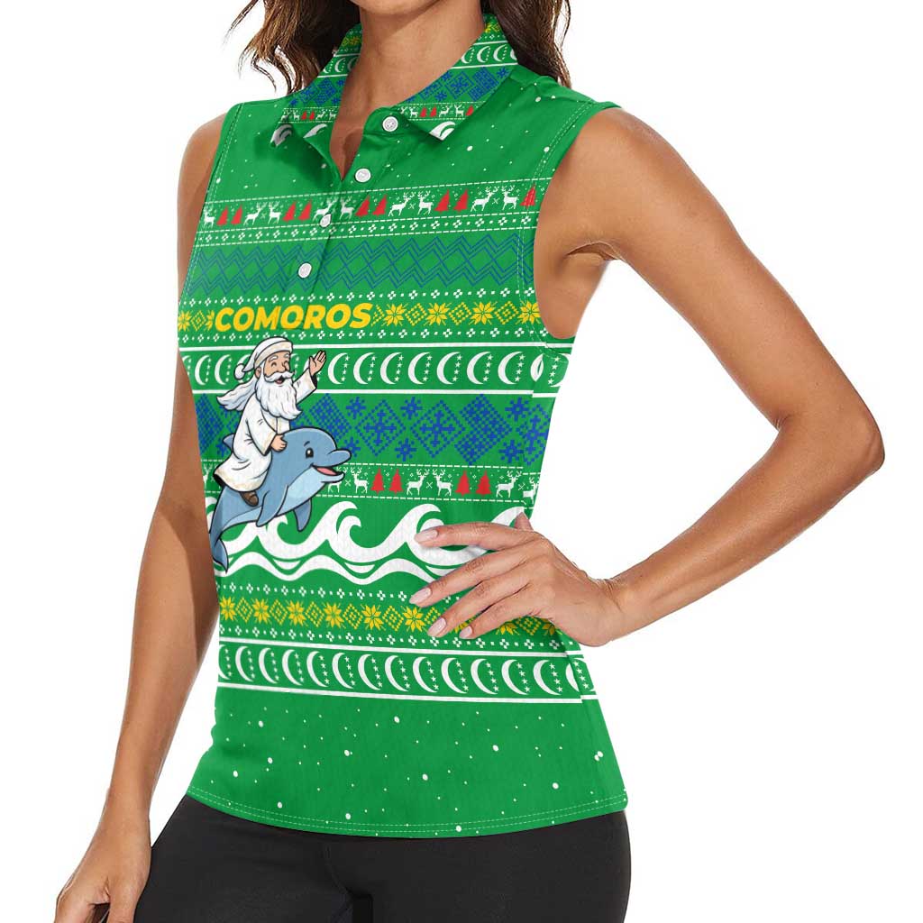 Comoros Christmas Women Sleeveless Polo Shirt with Santa Riding Dolphin Ocean Waves Crescent Moon and Tribal Pattern - Wonder Print Shop