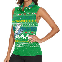 Comoros Christmas Women Sleeveless Polo Shirt with Santa Riding Dolphin Ocean Waves Crescent Moon and Tribal Pattern - Wonder Print Shop