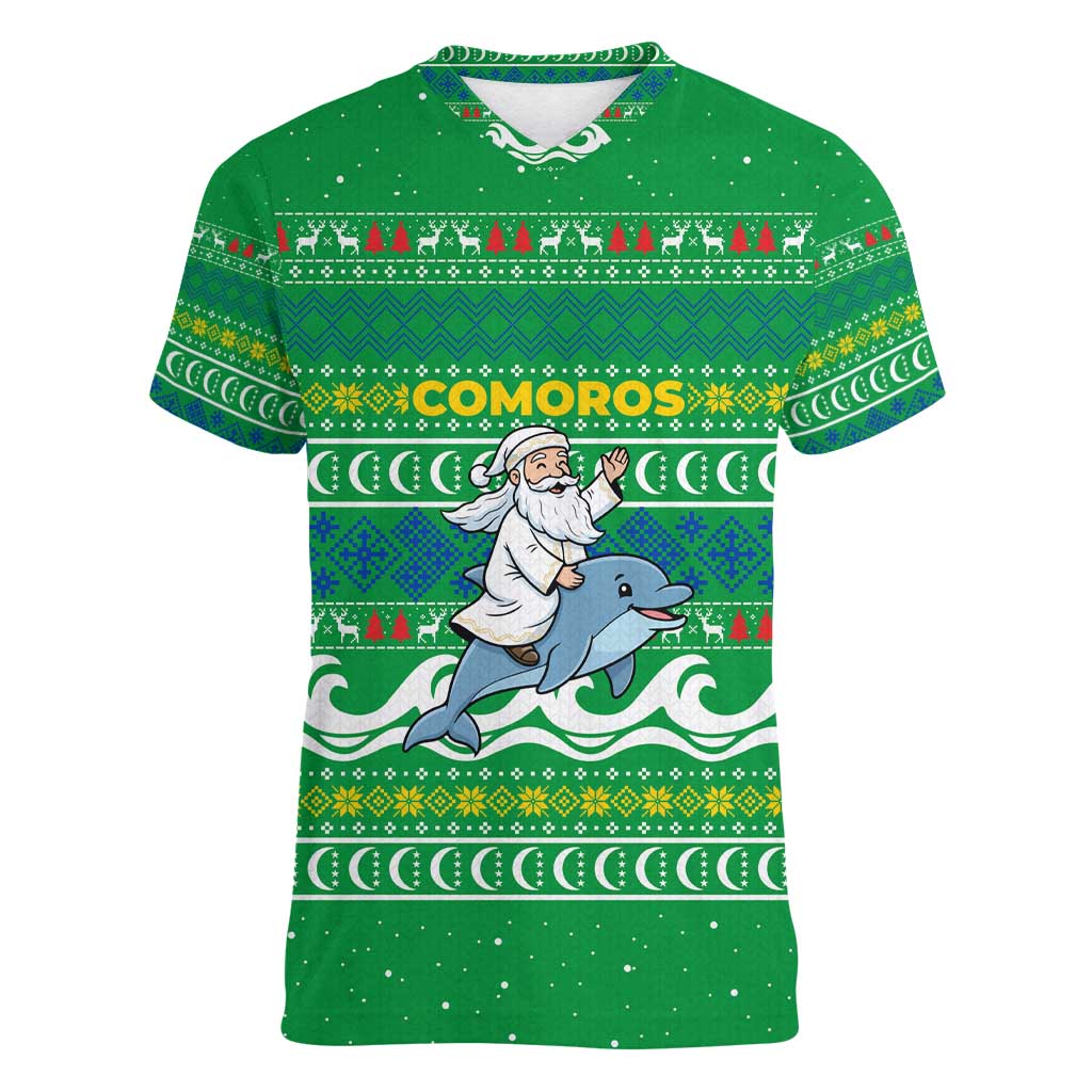 Comoros Christmas Women V-Neck T-Shirt with Santa Riding Dolphin Ocean Waves Crescent Moon and Tribal Pattern - Wonder Print Shop