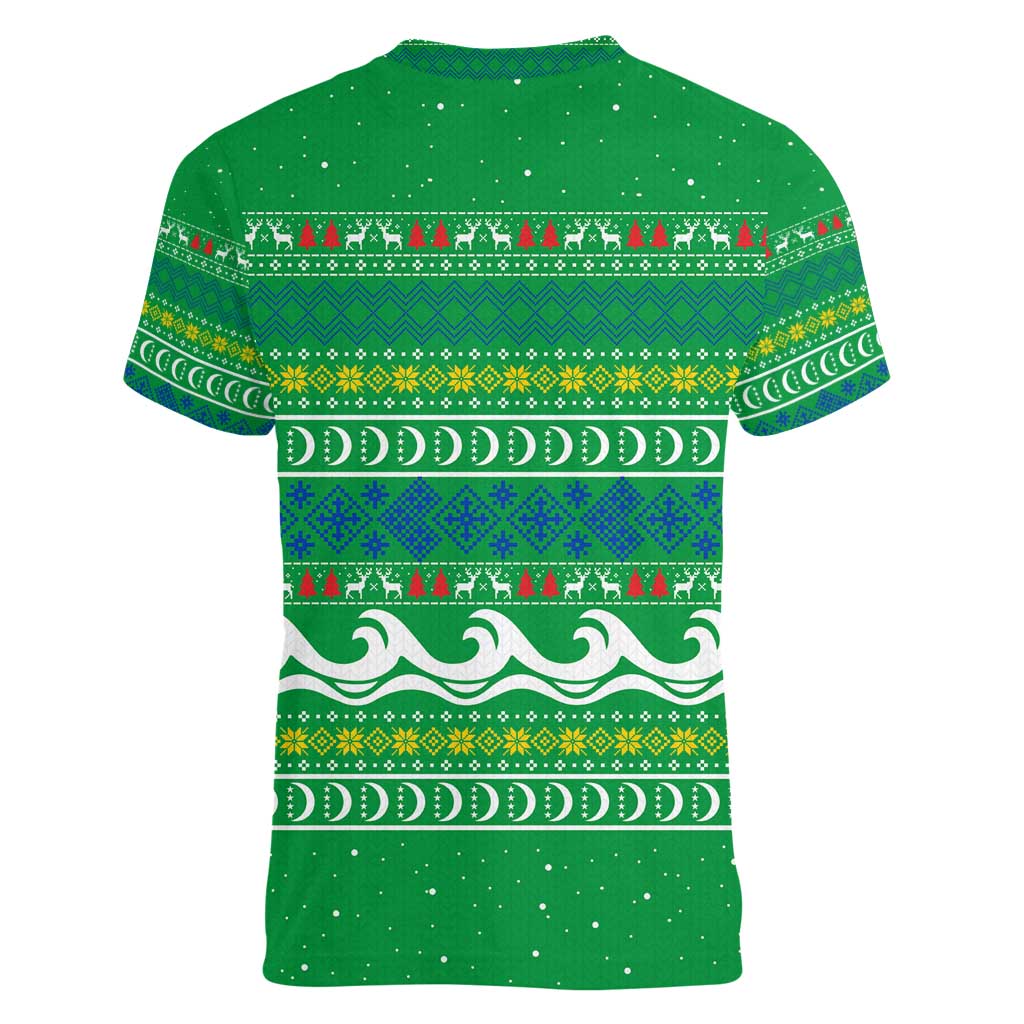 Comoros Christmas Women V-Neck T-Shirt with Santa Riding Dolphin Ocean Waves Crescent Moon and Tribal Pattern - Wonder Print Shop