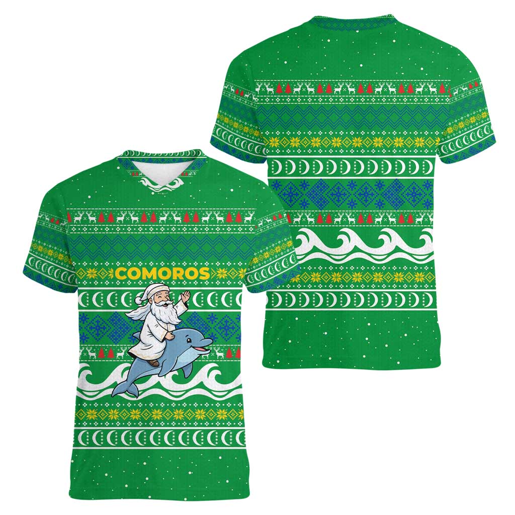 Comoros Christmas Women V-Neck T-Shirt with Santa Riding Dolphin Ocean Waves Crescent Moon and Tribal Pattern - Wonder Print Shop