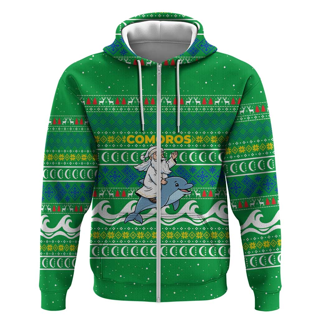 Comoros Christmas Zip Hoodie with Santa Riding Dolphin Ocean Waves Crescent Moon and Tribal Pattern - Wonder Print Shop