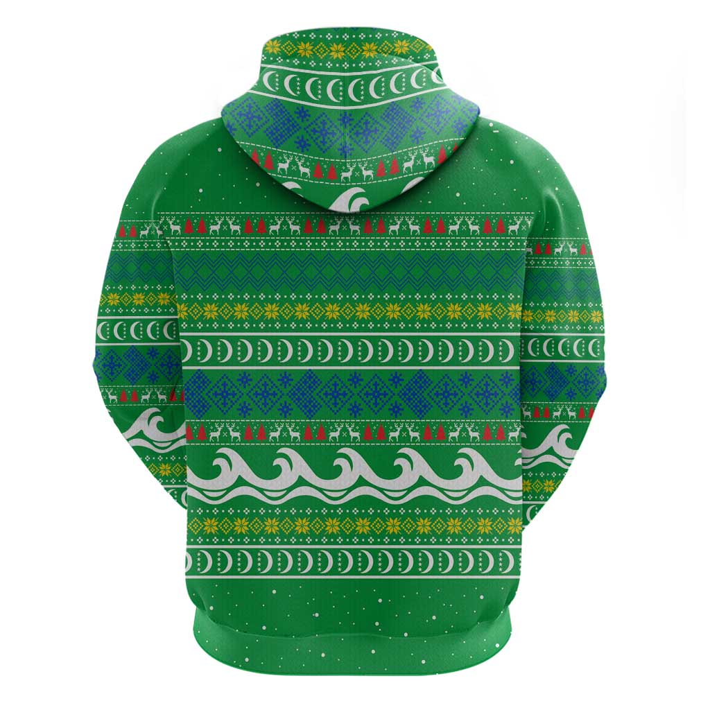 Comoros Christmas Zip Hoodie with Santa Riding Dolphin Ocean Waves Crescent Moon and Tribal Pattern - Wonder Print Shop