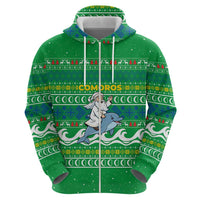 Comoros Christmas Zip Hoodie with Santa Riding Dolphin Ocean Waves Crescent Moon and Tribal Pattern - Wonder Print Shop