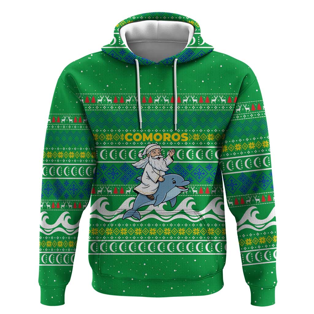 Comoros Christmas Zip Hoodie with Santa Riding Dolphin Ocean Waves Crescent Moon and Tribal Pattern - Wonder Print Shop