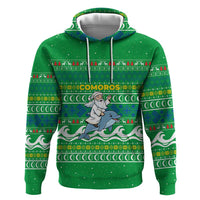 Comoros Christmas Zip Hoodie with Santa Riding Dolphin Ocean Waves Crescent Moon and Tribal Pattern - Wonder Print Shop
