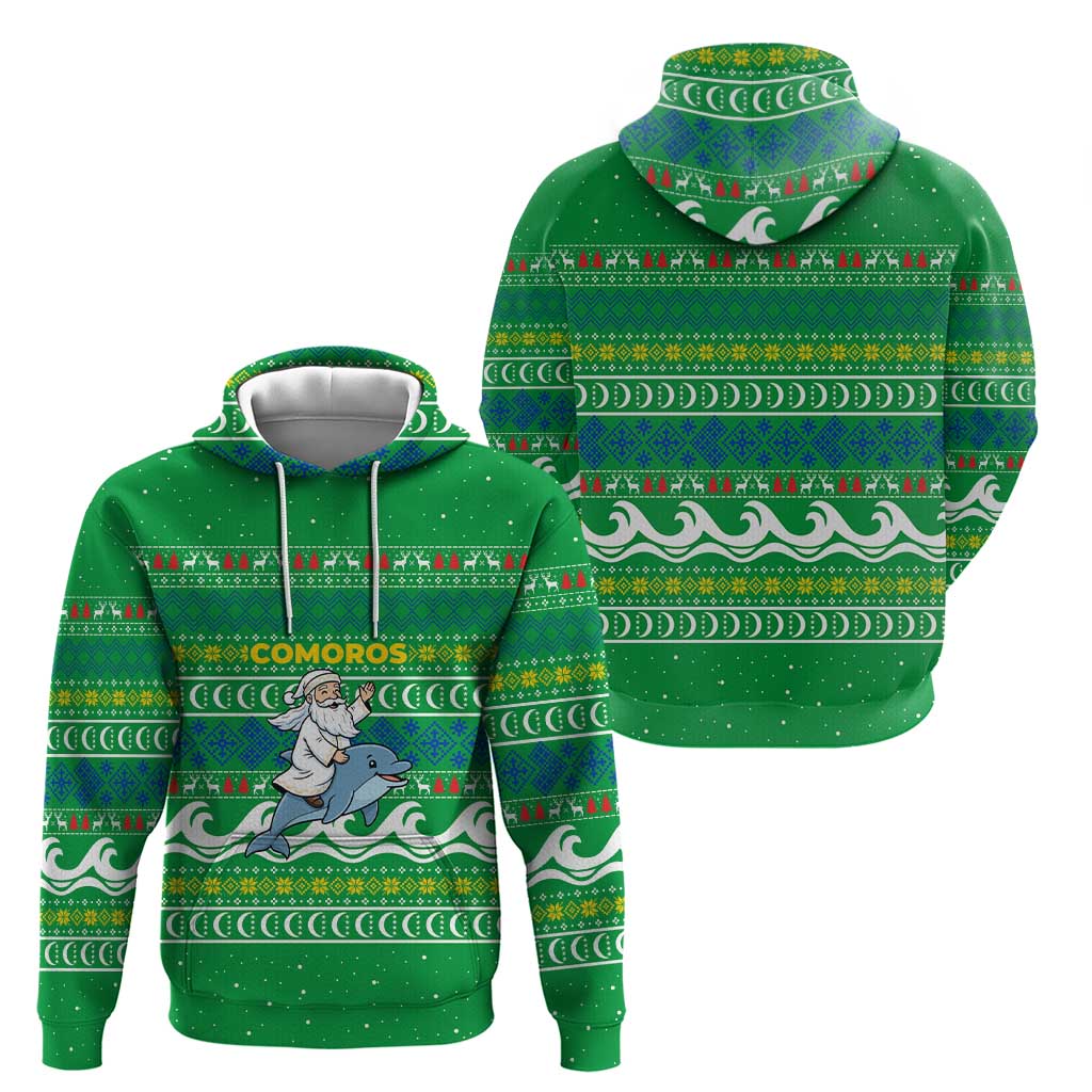 Comoros Christmas Zip Hoodie with Santa Riding Dolphin Ocean Waves Crescent Moon and Tribal Pattern - Wonder Print Shop