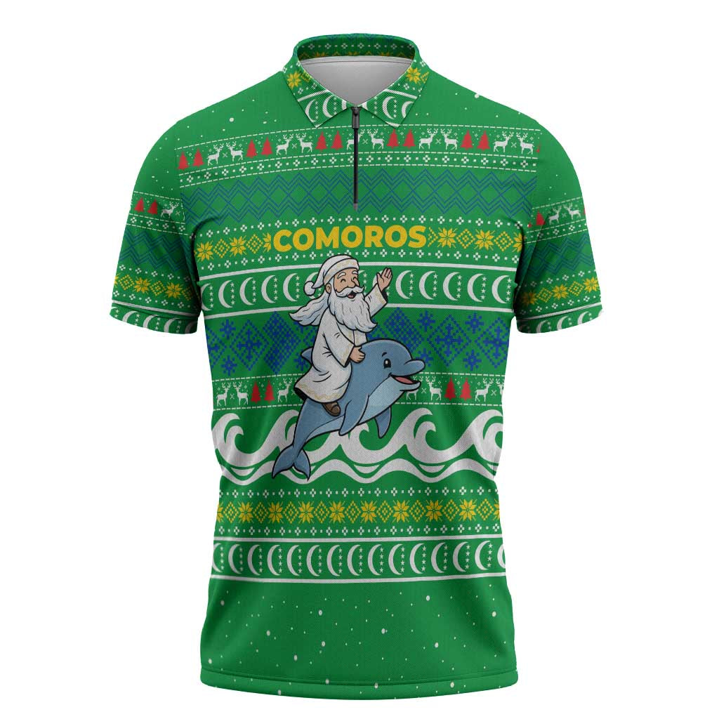 Comoros Christmas Zipper Polo Shirt with Santa Riding Dolphin Ocean Waves Crescent Moon and Tribal Pattern - Wonder Print Shop