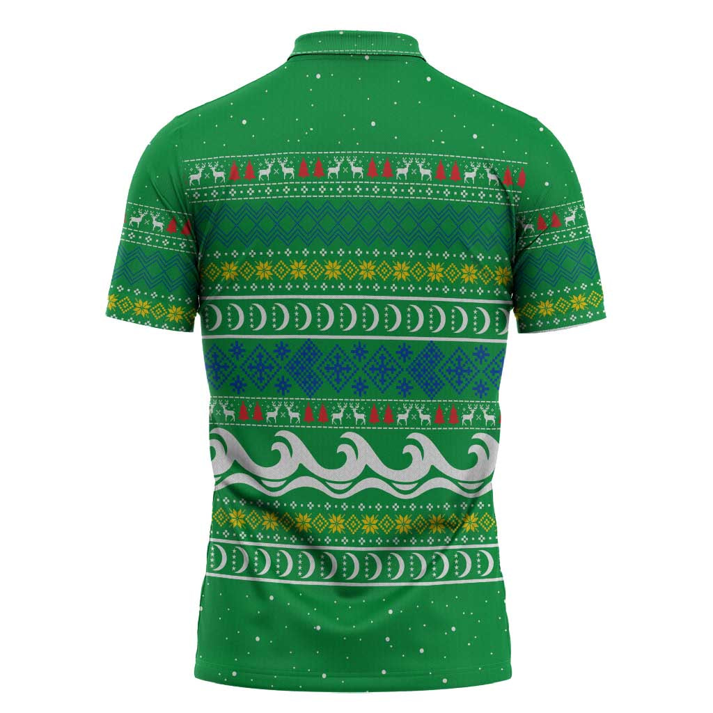 Comoros Christmas Zipper Polo Shirt with Santa Riding Dolphin Ocean Waves Crescent Moon and Tribal Pattern - Wonder Print Shop