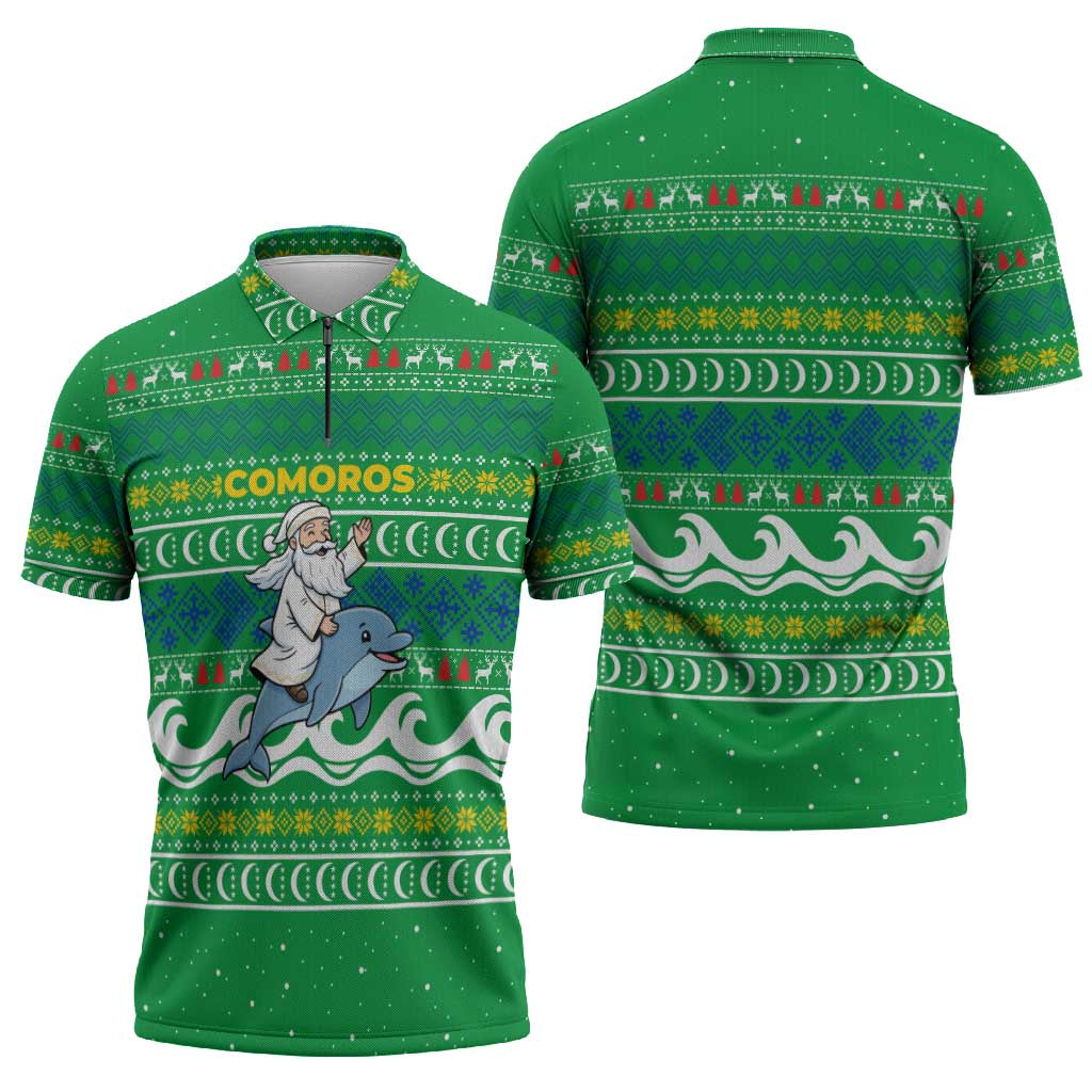 Comoros Christmas Zipper Polo Shirt with Santa Riding Dolphin Ocean Waves Crescent Moon and Tribal Pattern - Wonder Print Shop