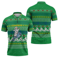 Comoros Christmas Zipper Polo Shirt with Santa Riding Dolphin Ocean Waves Crescent Moon and Tribal Pattern - Wonder Print Shop
