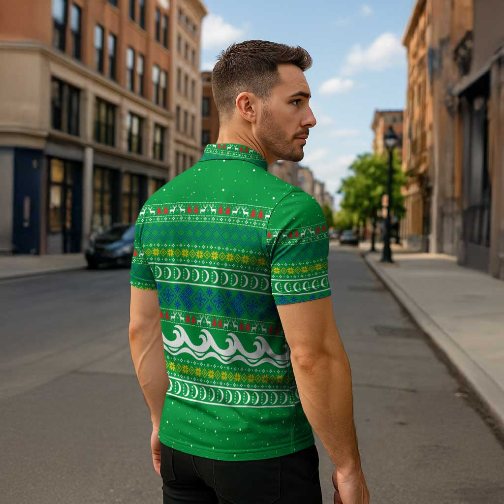 Comoros Christmas Zipper Polo Shirt with Santa Riding Dolphin Ocean Waves Crescent Moon and Tribal Pattern - Wonder Print Shop