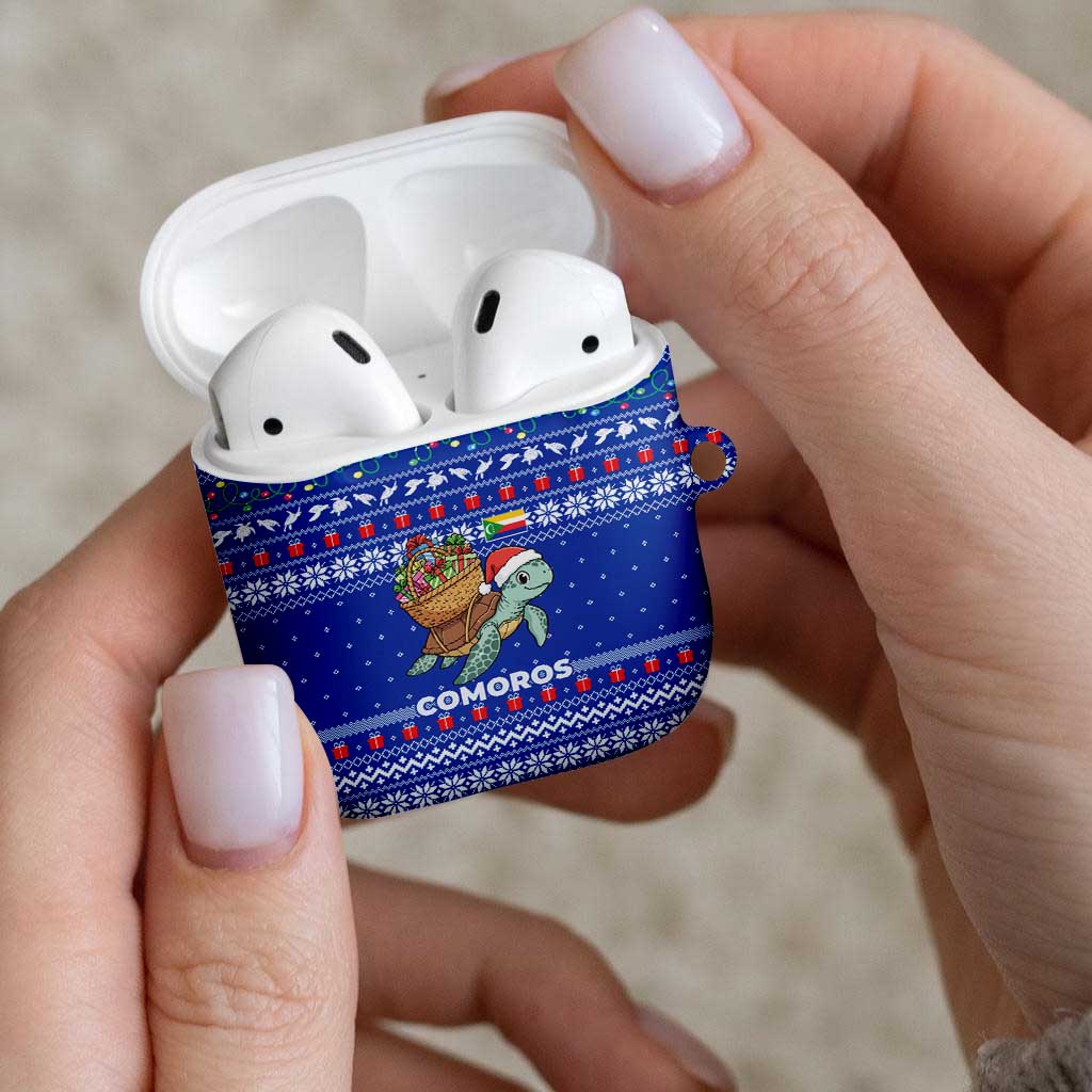 Comoros Christmas AirPods Case with Santa Turtle Gifts Snowflakes and Ocean Blue Holiday Pattern - Wonder Print Shop