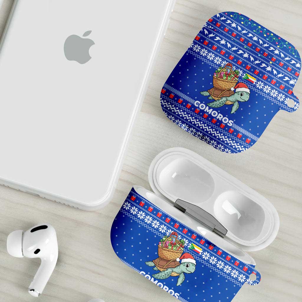 Comoros Christmas AirPods Case with Santa Turtle Gifts Snowflakes and Ocean Blue Holiday Pattern - Wonder Print Shop