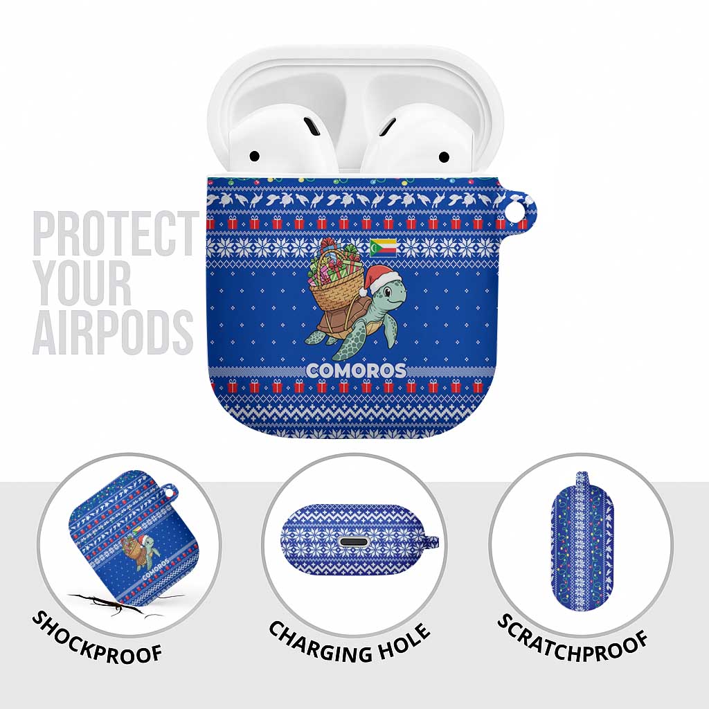 Comoros Christmas AirPods Case with Santa Turtle Gifts Snowflakes and Ocean Blue Holiday Pattern - Wonder Print Shop