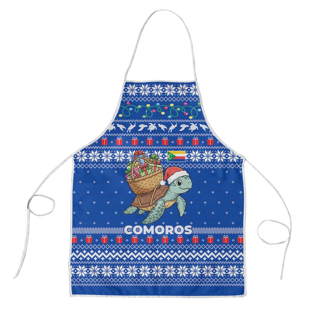 Comoros Christmas Apron with Santa Turtle Gifts Snowflakes and Ocean Blue Holiday Pattern - Wonder Print Shop