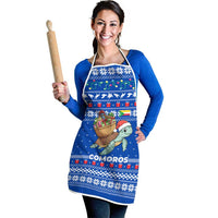 Comoros Christmas Apron with Santa Turtle Gifts Snowflakes and Ocean Blue Holiday Pattern - Wonder Print Shop