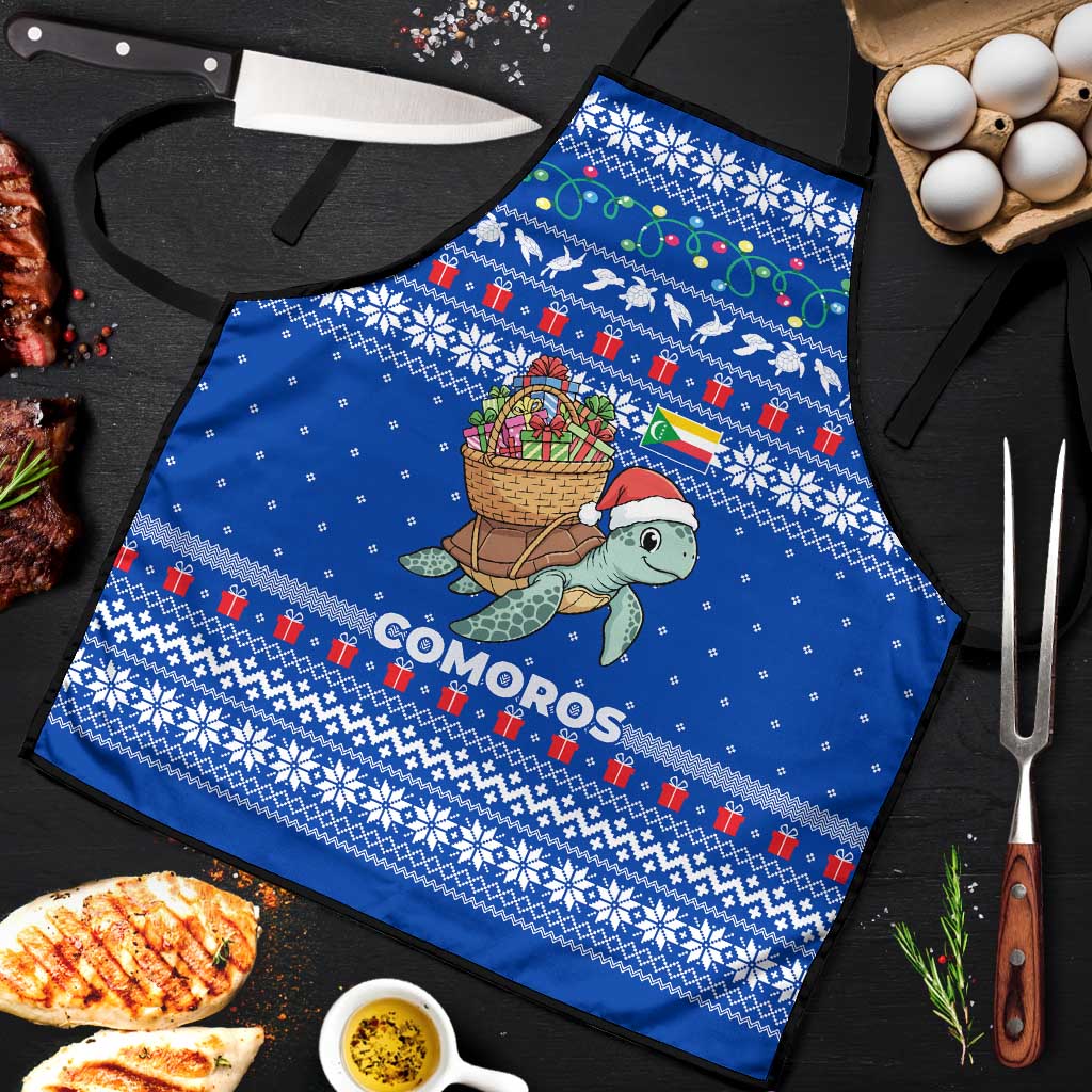Comoros Christmas Apron with Santa Turtle Gifts Snowflakes and Ocean Blue Holiday Pattern - Wonder Print Shop