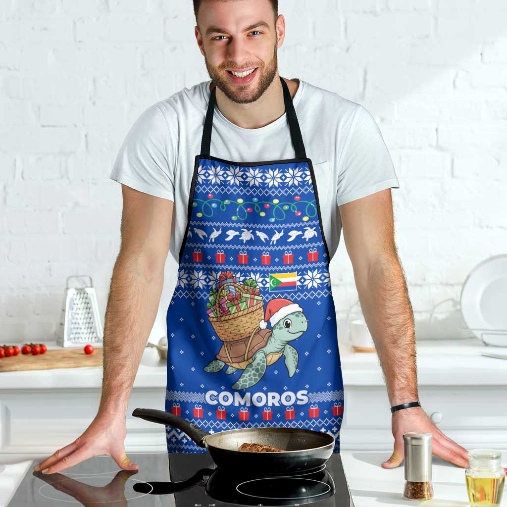 Comoros Christmas Apron with Santa Turtle Gifts Snowflakes and Ocean Blue Holiday Pattern - Wonder Print Shop