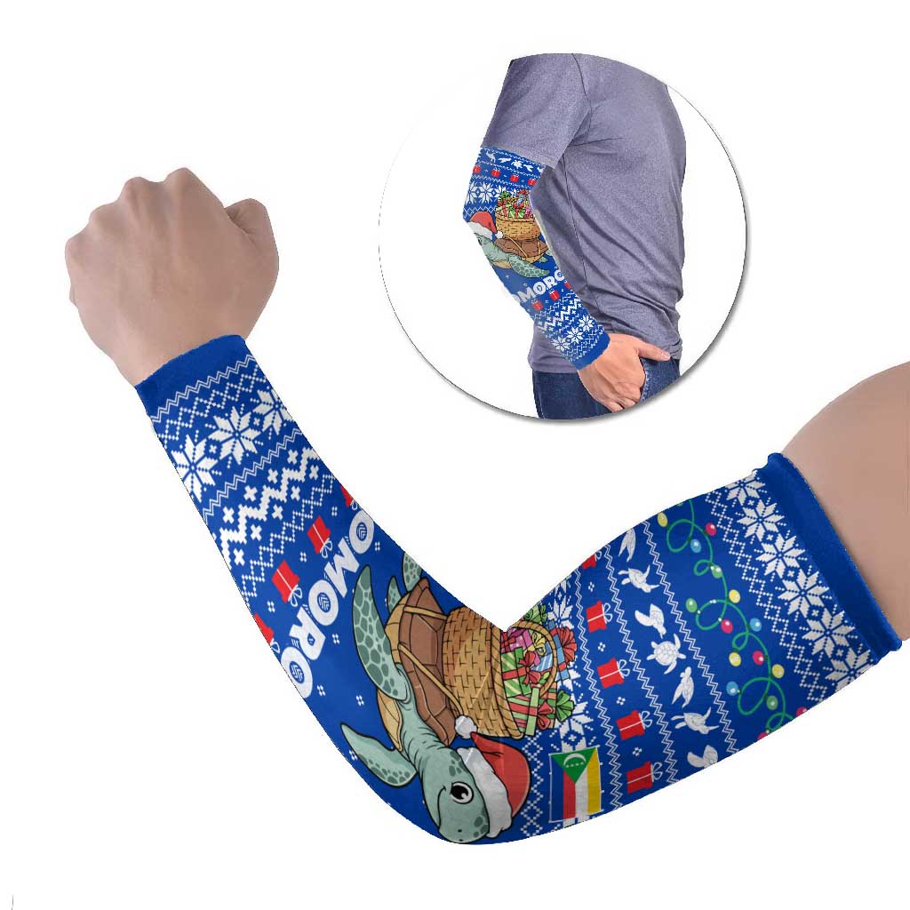Comoros Christmas Arm Sleeves with Santa Turtle Gifts Snowflakes and Ocean Blue Holiday Pattern - Wonder Print Shop