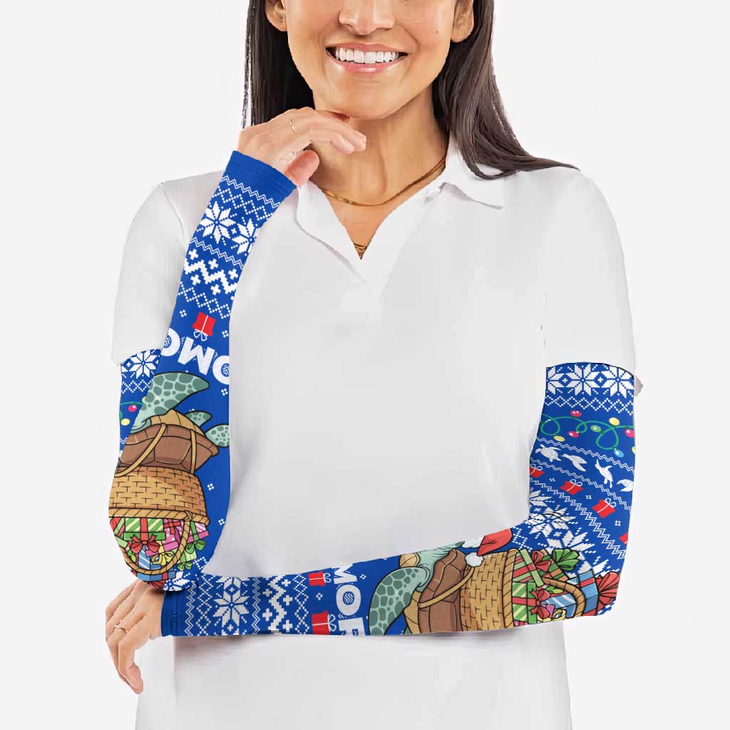 Comoros Christmas Arm Sleeves with Santa Turtle Gifts Snowflakes and Ocean Blue Holiday Pattern - Wonder Print Shop