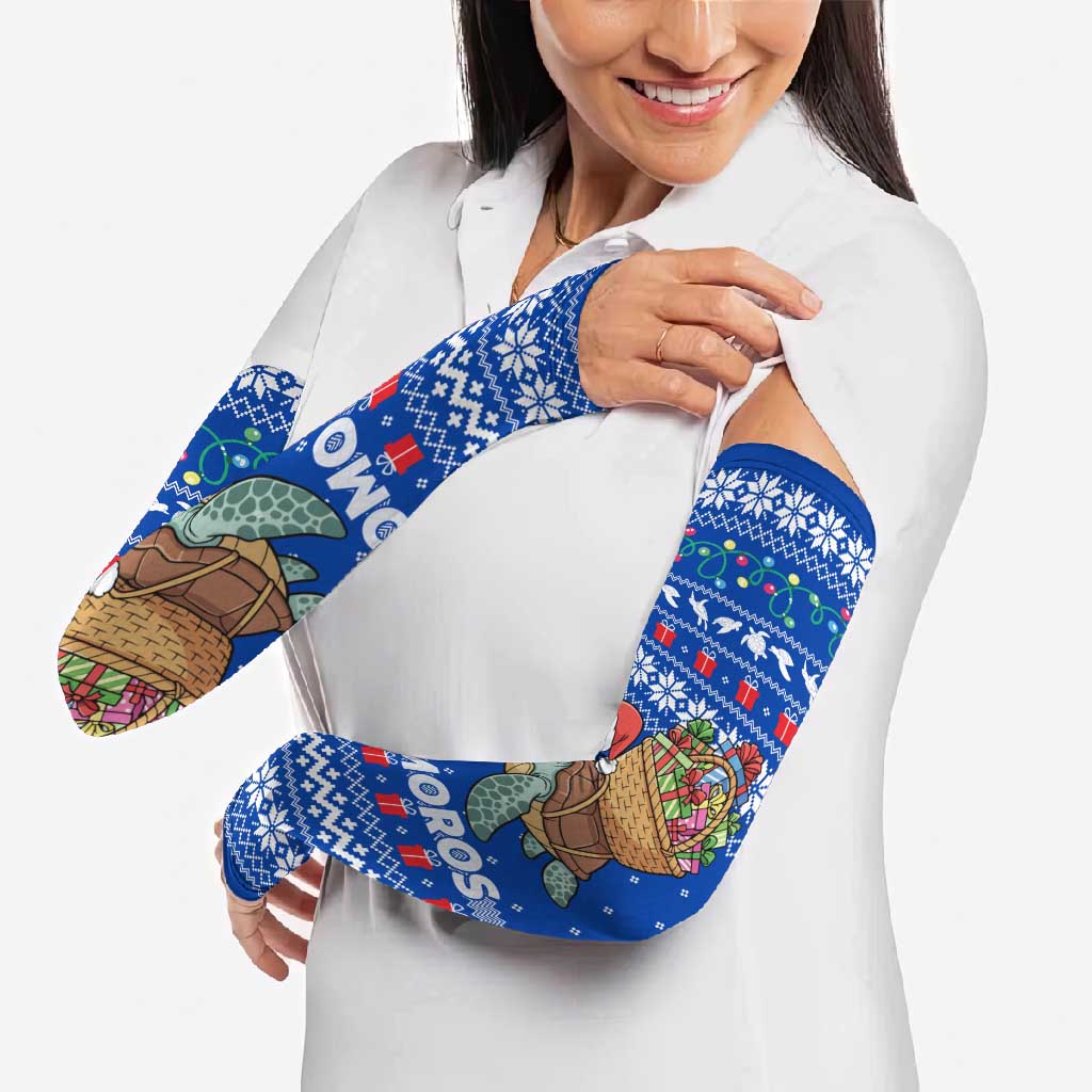 Comoros Christmas Arm Sleeves with Santa Turtle Gifts Snowflakes and Ocean Blue Holiday Pattern - Wonder Print Shop