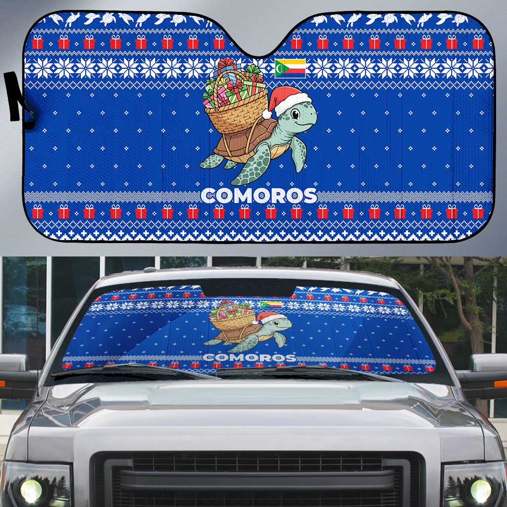 Comoros Christmas Auto Sun Shade with Santa Turtle Gifts Snowflakes and Ocean Blue Holiday Pattern - Wonder Print Shop