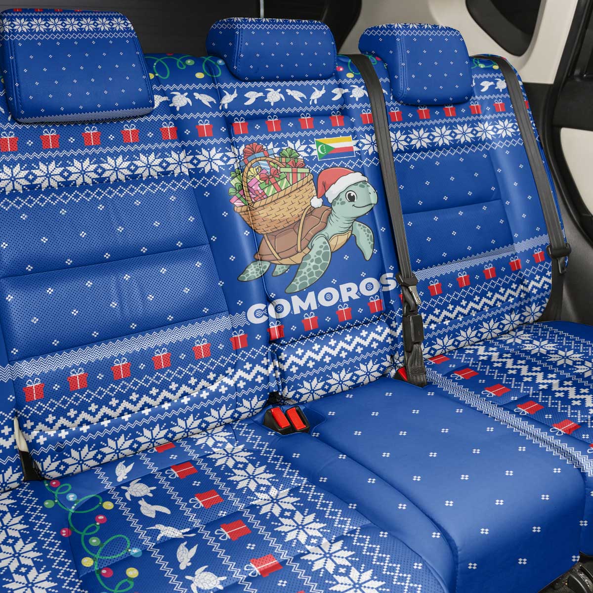 Comoros Christmas Back Car Seat Cover with Santa Turtle Gifts Snowflakes and Ocean Blue Holiday Pattern - Wonder Print Shop