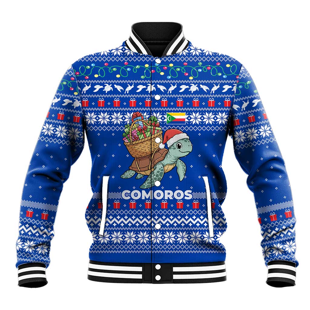 Comoros Christmas Baseball Jacket with Santa Turtle Gifts Snowflakes and Ocean Blue Holiday Pattern - Wonder Print Shop
