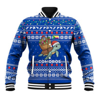 Comoros Christmas Baseball Jacket with Santa Turtle Gifts Snowflakes and Ocean Blue Holiday Pattern - Wonder Print Shop
