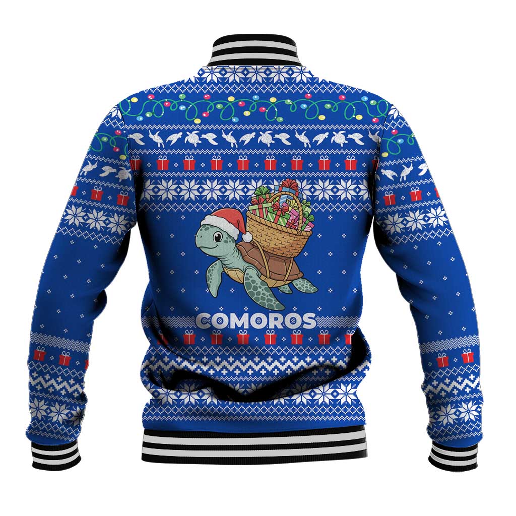 Comoros Christmas Baseball Jacket with Santa Turtle Gifts Snowflakes and Ocean Blue Holiday Pattern - Wonder Print Shop