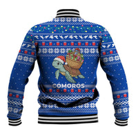 Comoros Christmas Baseball Jacket with Santa Turtle Gifts Snowflakes and Ocean Blue Holiday Pattern - Wonder Print Shop