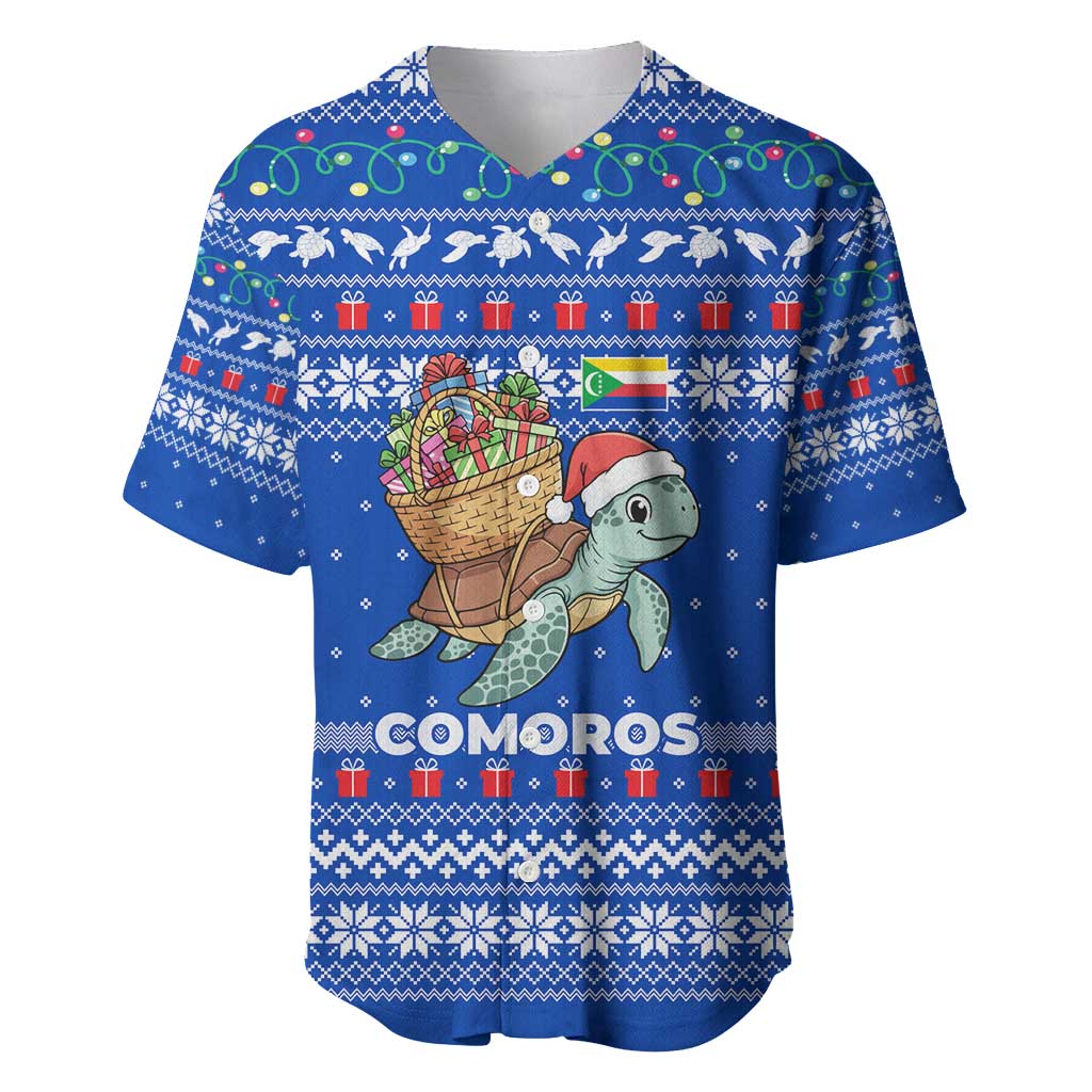 Comoros Christmas Baseball Jersey with Santa Turtle Gifts Snowflakes and Ocean Blue Holiday Pattern - Wonder Print Shop