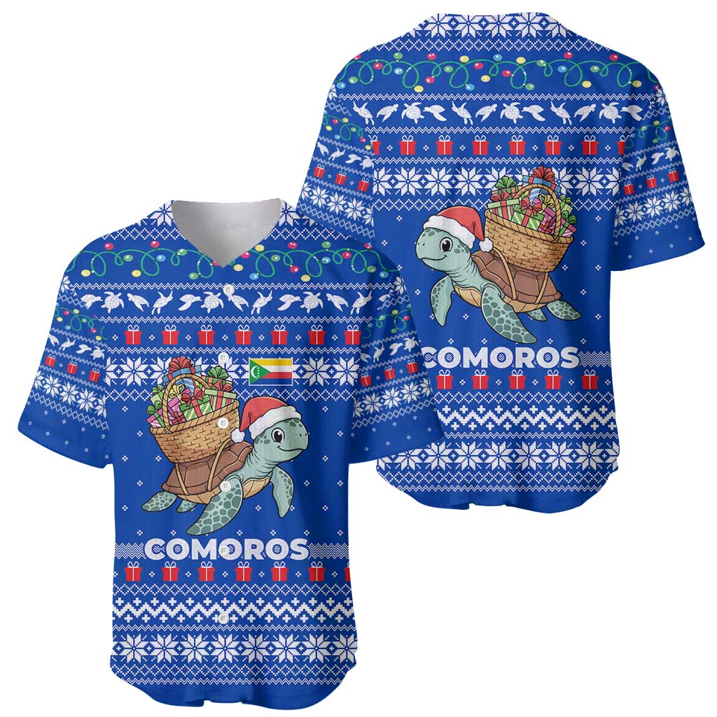 Comoros Christmas Baseball Jersey with Santa Turtle Gifts Snowflakes and Ocean Blue Holiday Pattern - Wonder Print Shop