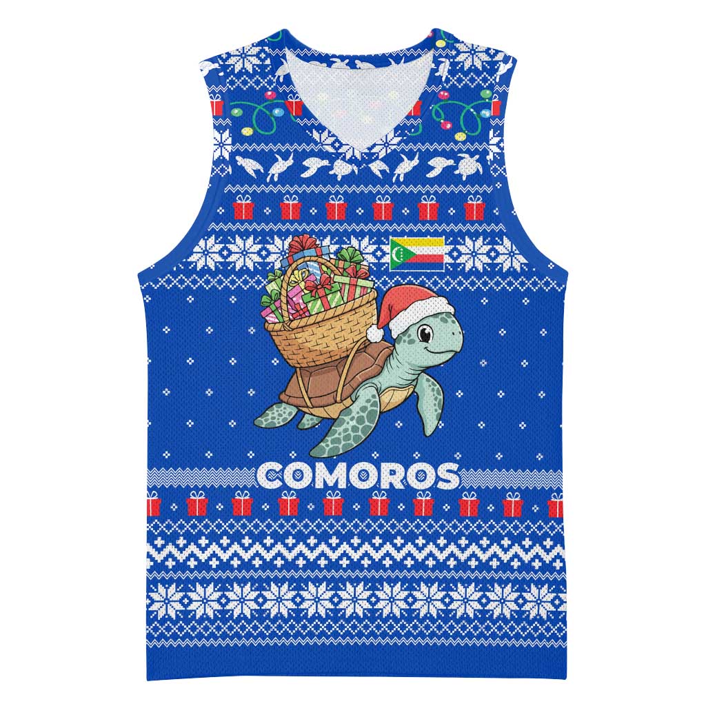 Comoros Christmas Basketball Jersey with Santa Turtle Gifts Snowflakes and Ocean Blue Holiday Pattern - Wonder Print Shop