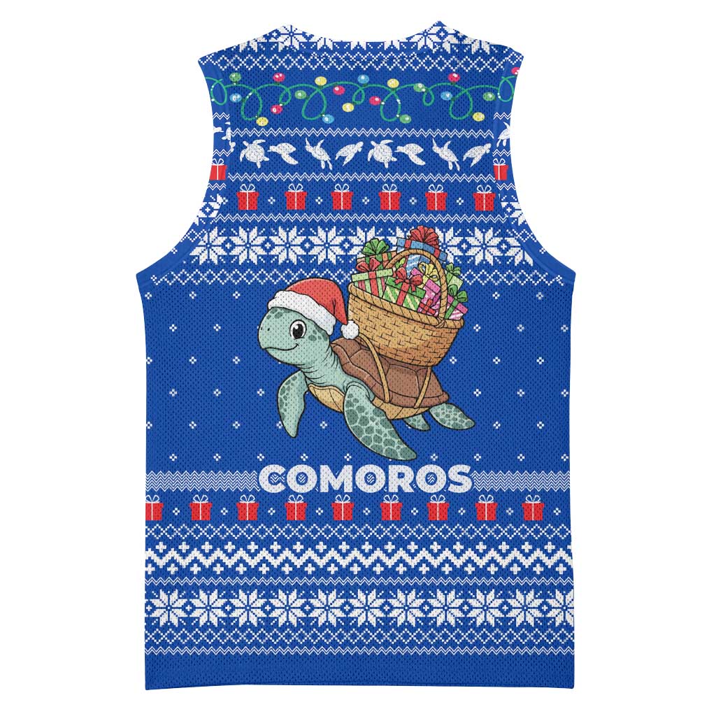 Comoros Christmas Basketball Jersey with Santa Turtle Gifts Snowflakes and Ocean Blue Holiday Pattern - Wonder Print Shop