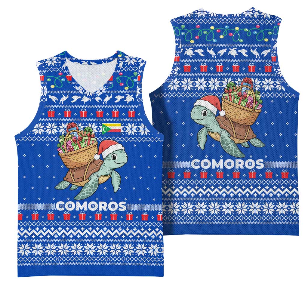 Comoros Christmas Basketball Jersey with Santa Turtle Gifts Snowflakes and Ocean Blue Holiday Pattern - Wonder Print Shop