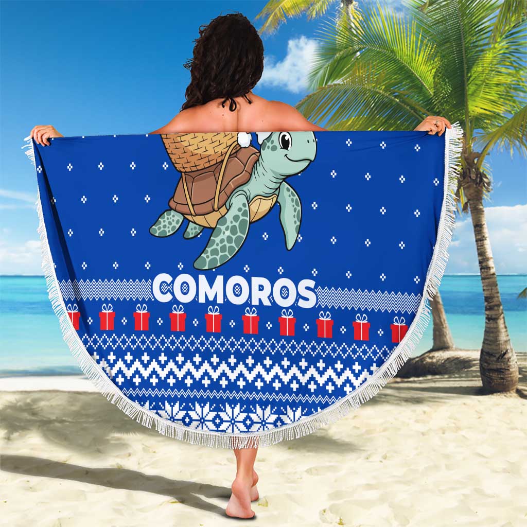 Comoros Christmas Beach Blanket with Santa Turtle Gifts Snowflakes and Ocean Blue Holiday Pattern - Wonder Print Shop