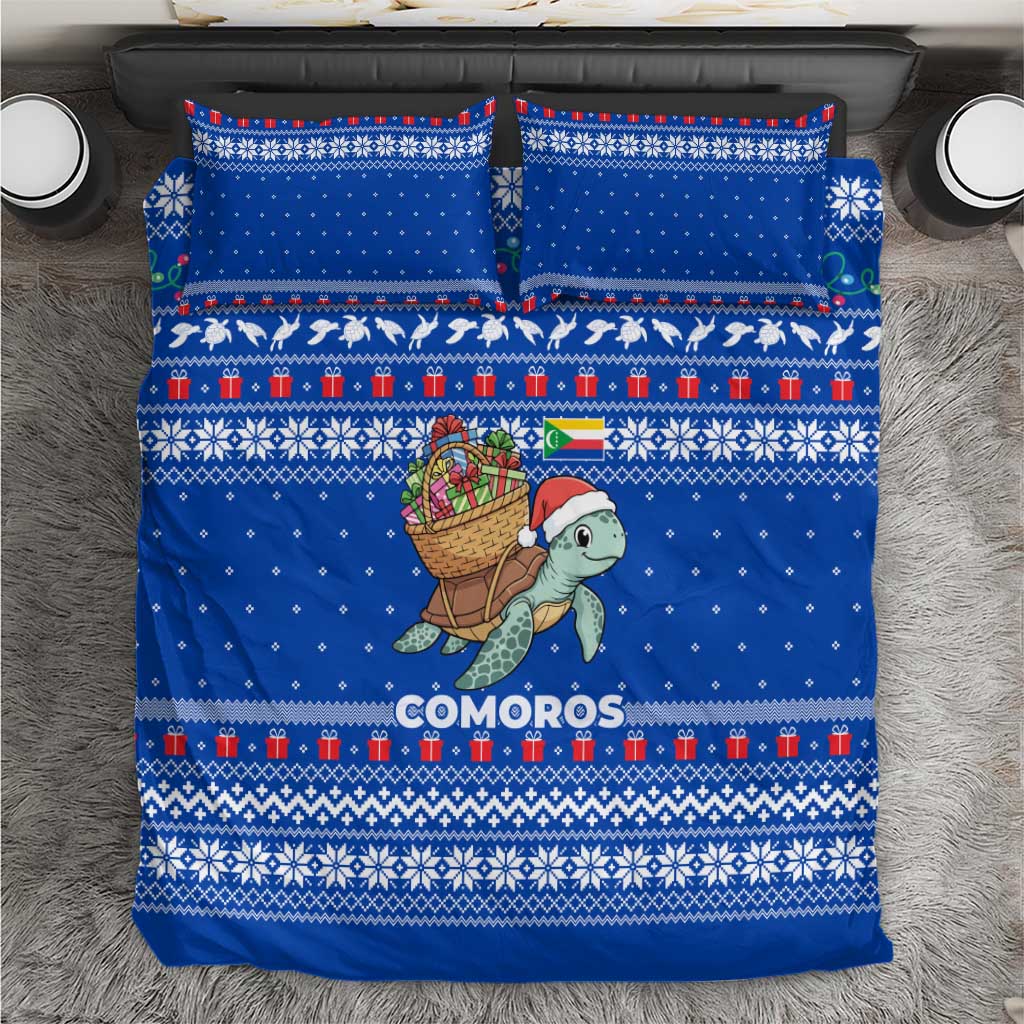 Comoros Christmas Bedding Set with Santa Turtle Gifts Snowflakes and Ocean Blue Holiday Pattern - Wonder Print Shop