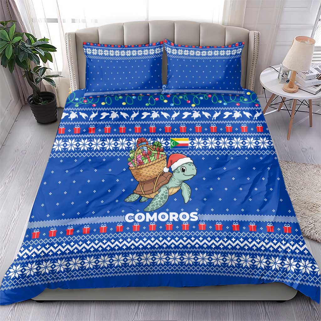 Comoros Christmas Bedding Set with Santa Turtle Gifts Snowflakes and Ocean Blue Holiday Pattern - Wonder Print Shop