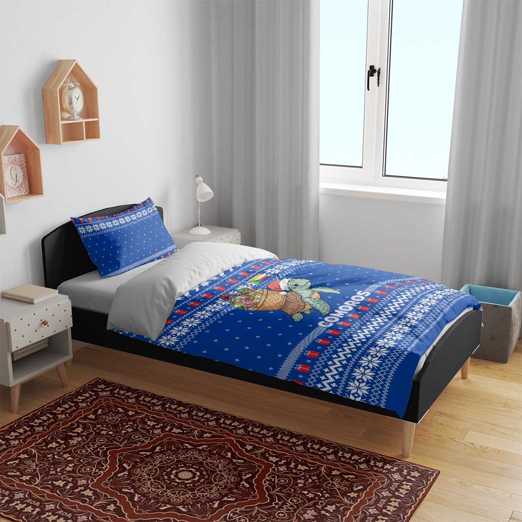 Comoros Christmas Bedding Set with Santa Turtle Gifts Snowflakes and Ocean Blue Holiday Pattern - Wonder Print Shop